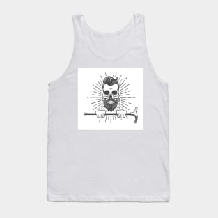 Human Skull with mustache and beard holds walking stick. Tank Top